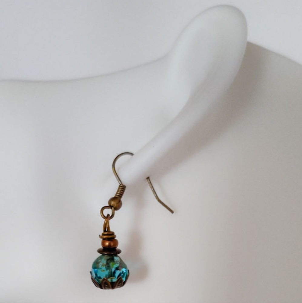 Copper Ocean Blue Aquamarine Crystal Drop Earrings